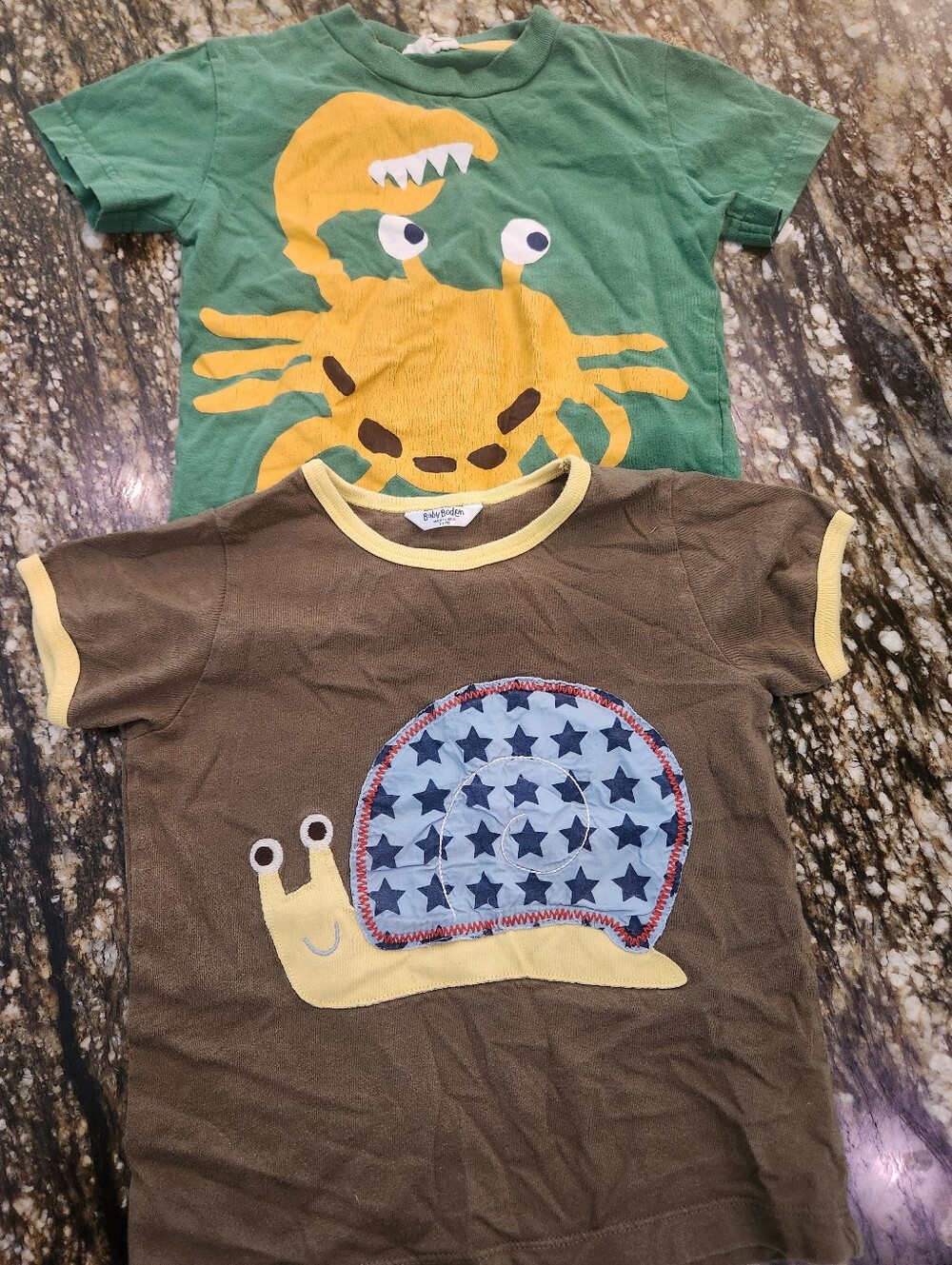 Mini Boden Green Tee with Yellow Crab & Brown Tee with Snail Appliqué
